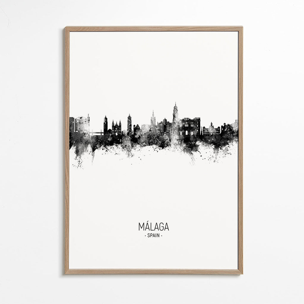 Plakat miasta Málaga skyline w czerni i bieli