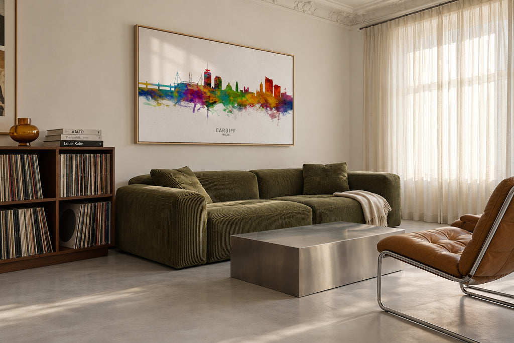 Cardiff Skyline multicolor - Framed canvas in an interior
