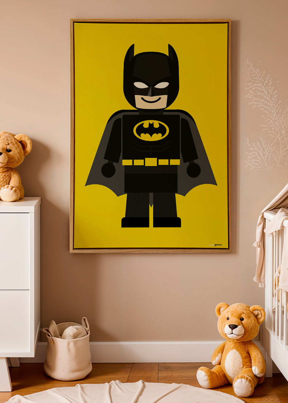 Plakat dla dzieci Batman zabawka na żółtym tle