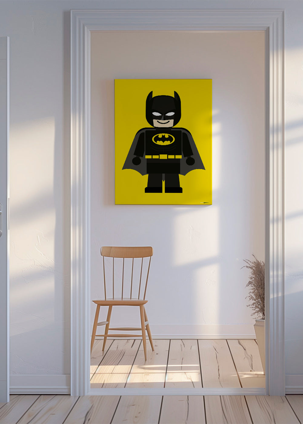 Plakat dla dzieci Batman zabawka na żółtym tle