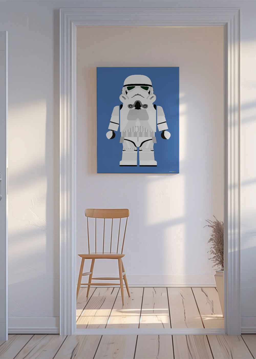 Plakat dziecięcy Stormtrooper zabawka na niebieskim tle