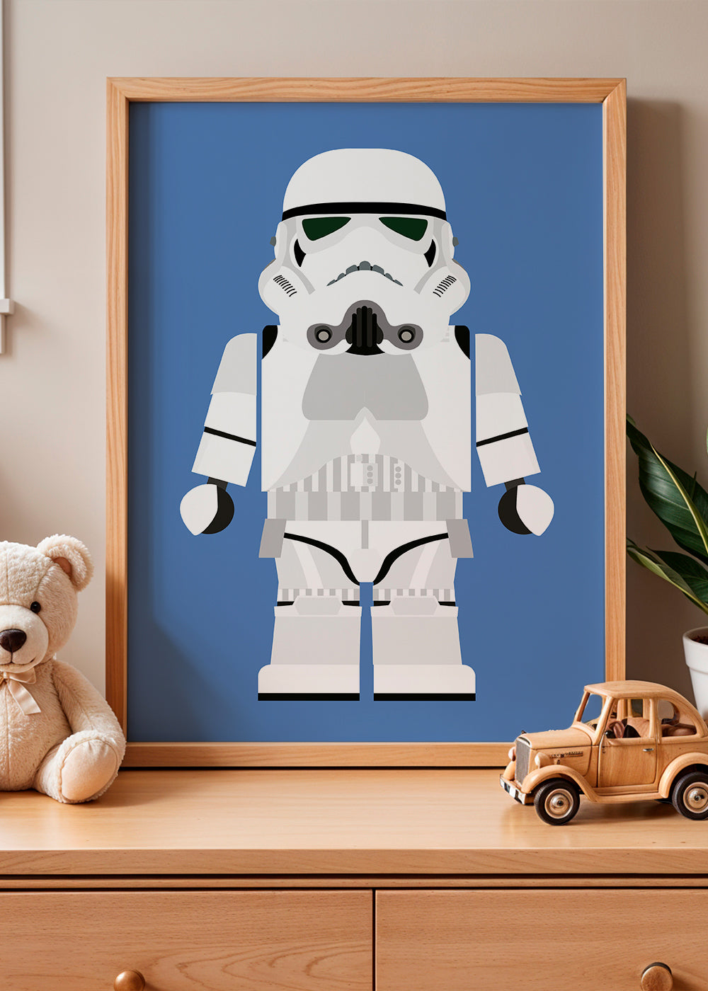 Plakat dziecięcy Stormtrooper zabawka na niebieskim tle