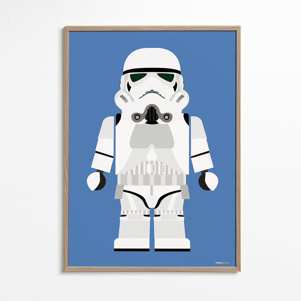 Plakat dziecięcy Stormtrooper zabawka na niebieskim tle