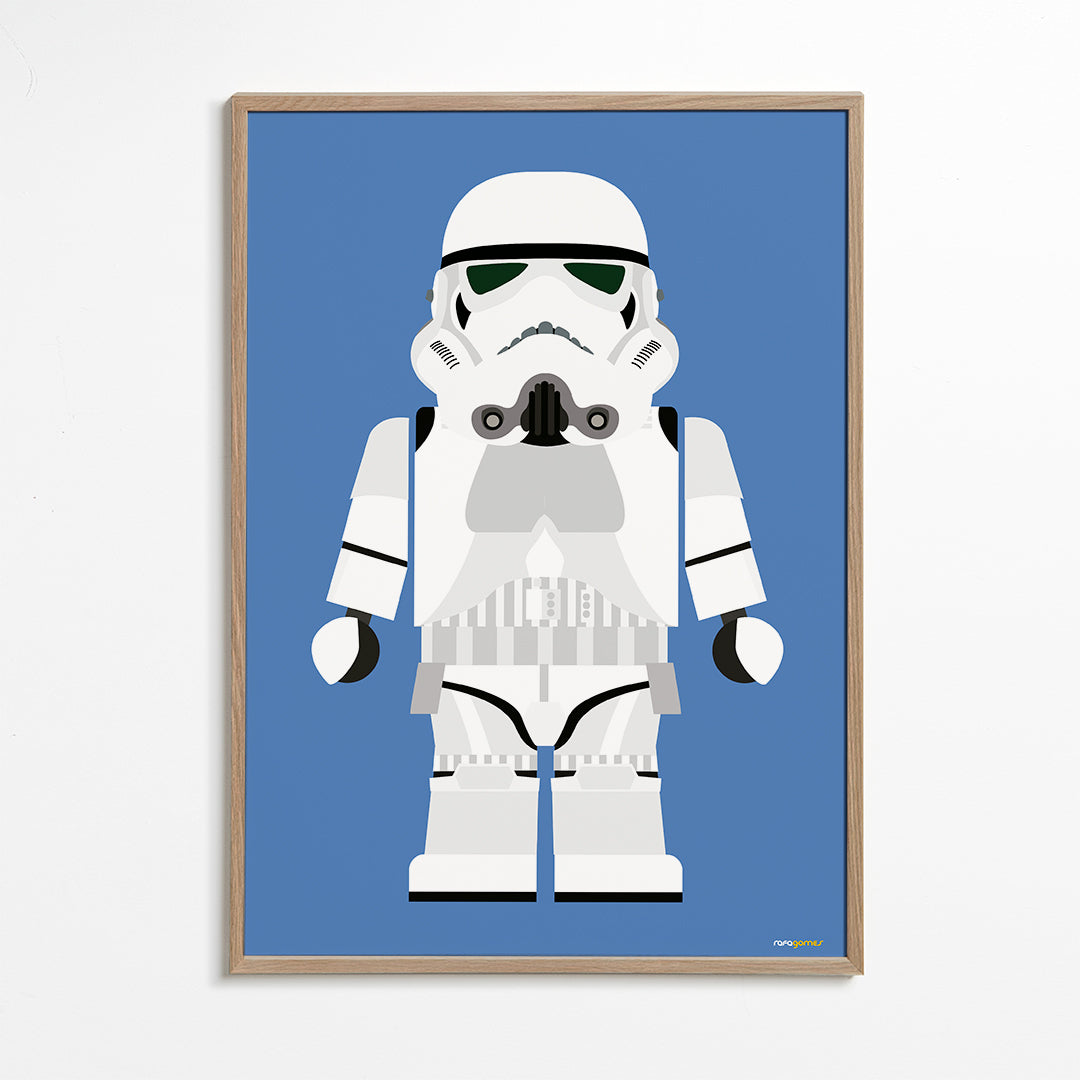 Plakat dziecięcy Stormtrooper zabawka na niebieskim tle