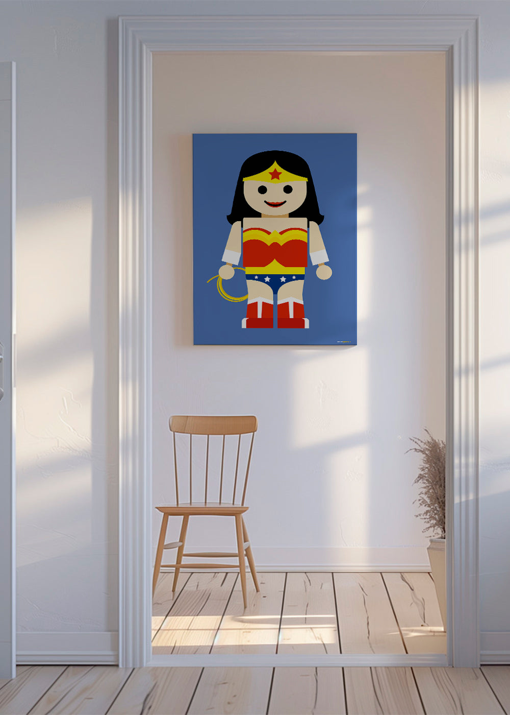Ilustracja zabawka Wonder Woman na niebieskim tle