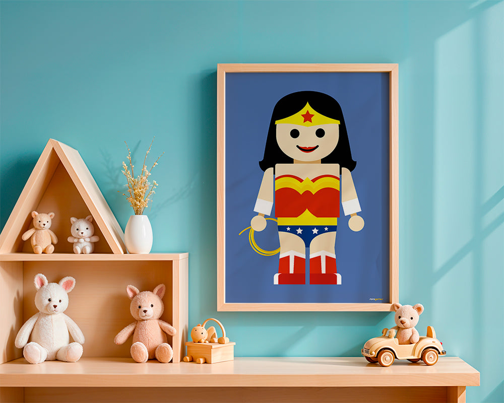 Ilustracja zabawka Wonder Woman na niebieskim tle