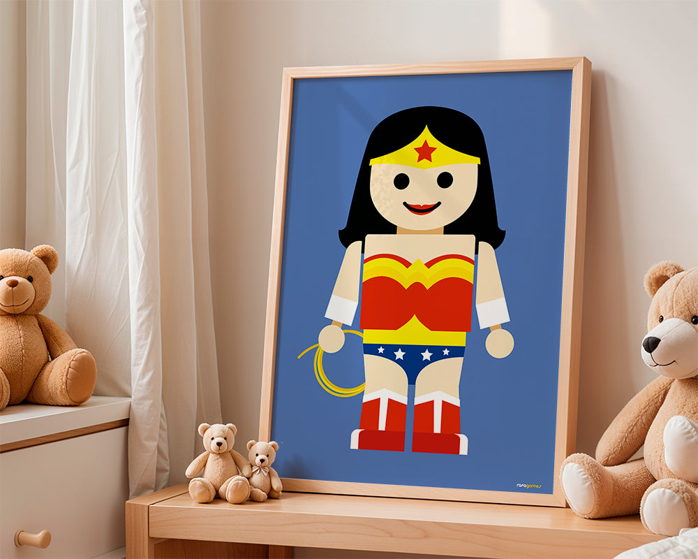 Ilustracja zabawka Wonder Woman na niebieskim tle