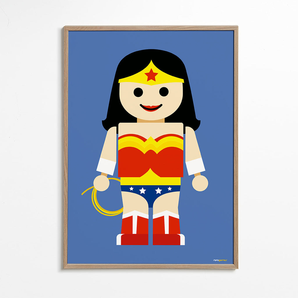 Ilustracja zabawka Wonder Woman na niebieskim tle