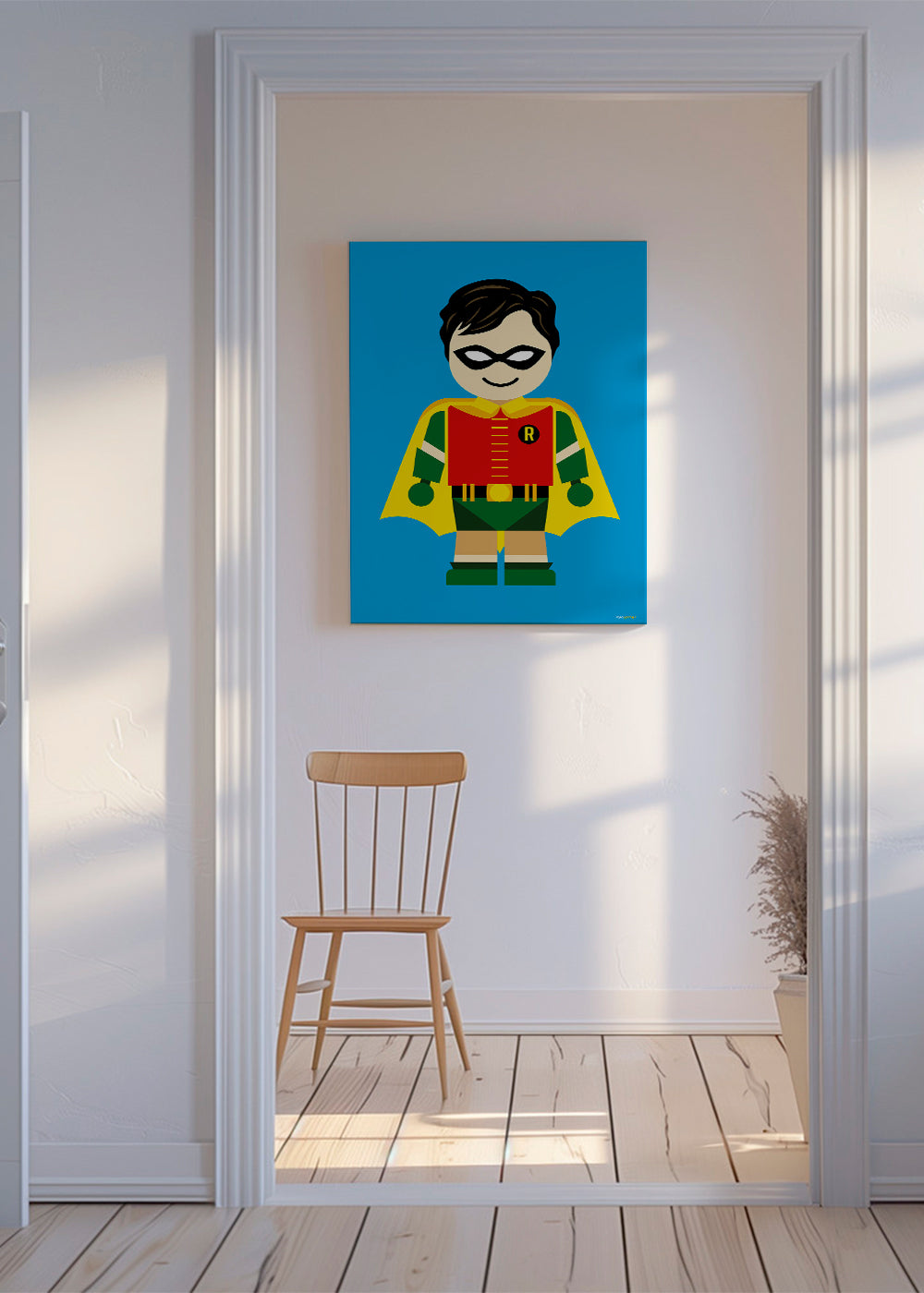 Plakat dziecięcy: zabawkowy superbohater na niebieskim tle