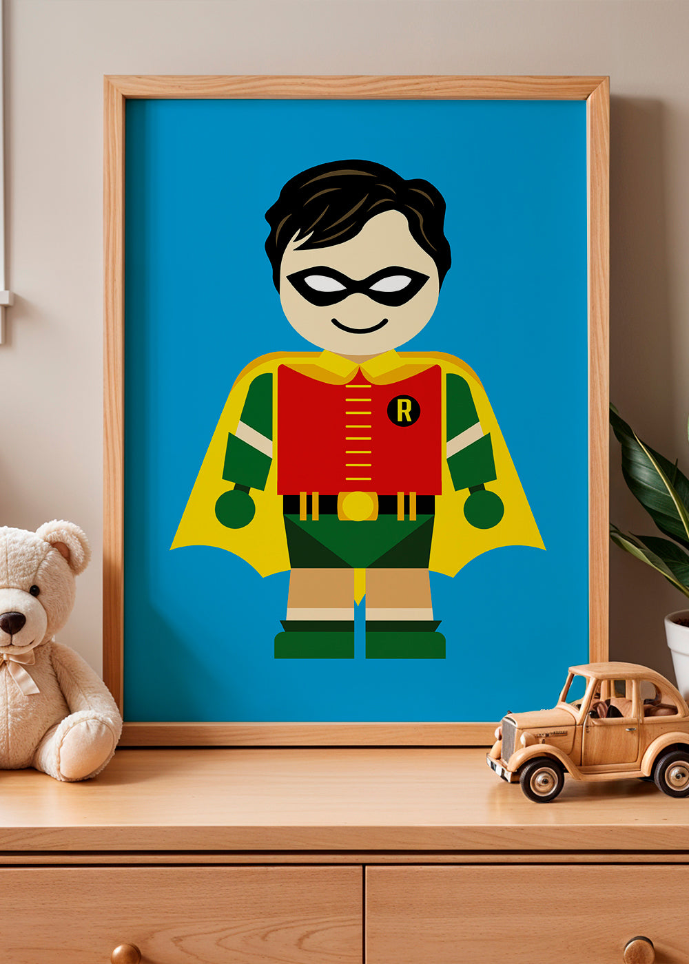 Plakat dziecięcy: zabawkowy superbohater na niebieskim tle