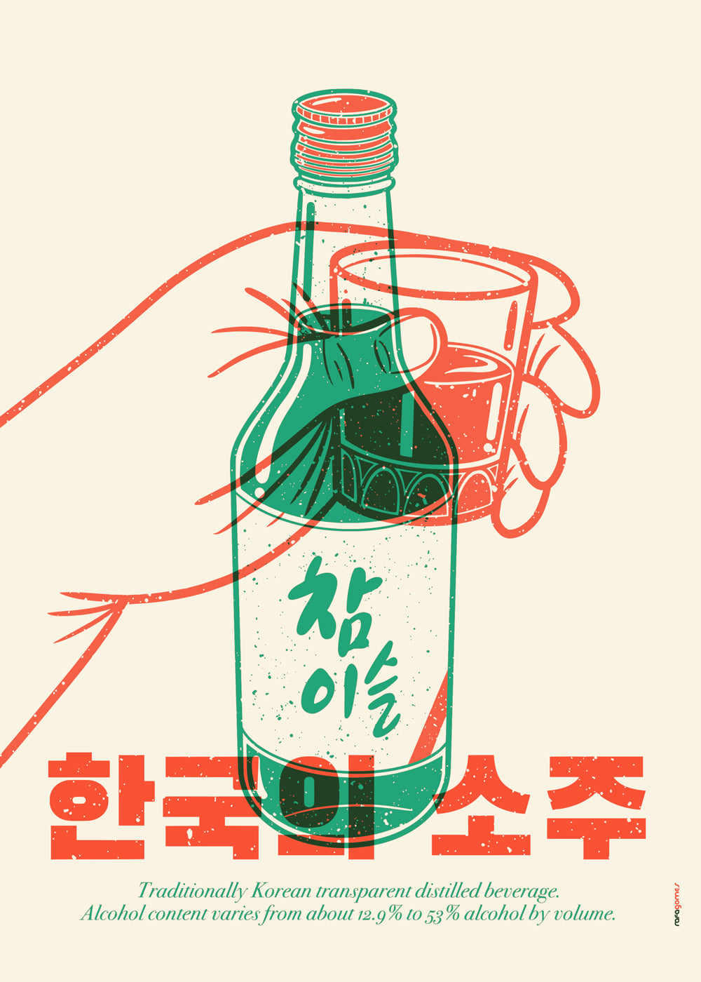 Sztuka do kuchni z ilustrowaną butelką soju