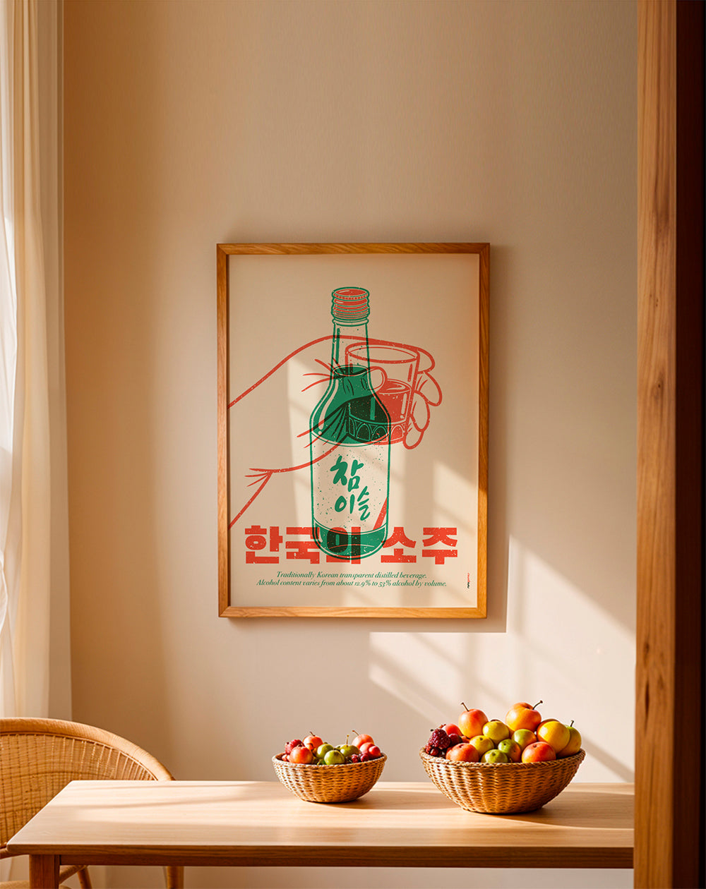 Sztuka do kuchni z ilustrowaną butelką soju