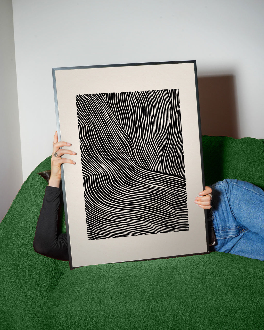 Stripes linocut Nº2 - Black and white - Framed poster detail