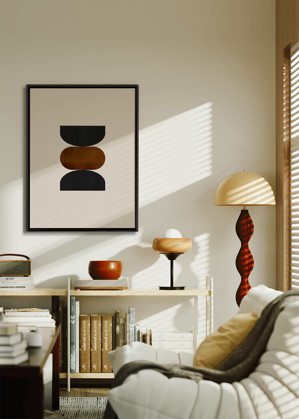 Plakat geometryczny ułożony w beżu, rudzia i czerni