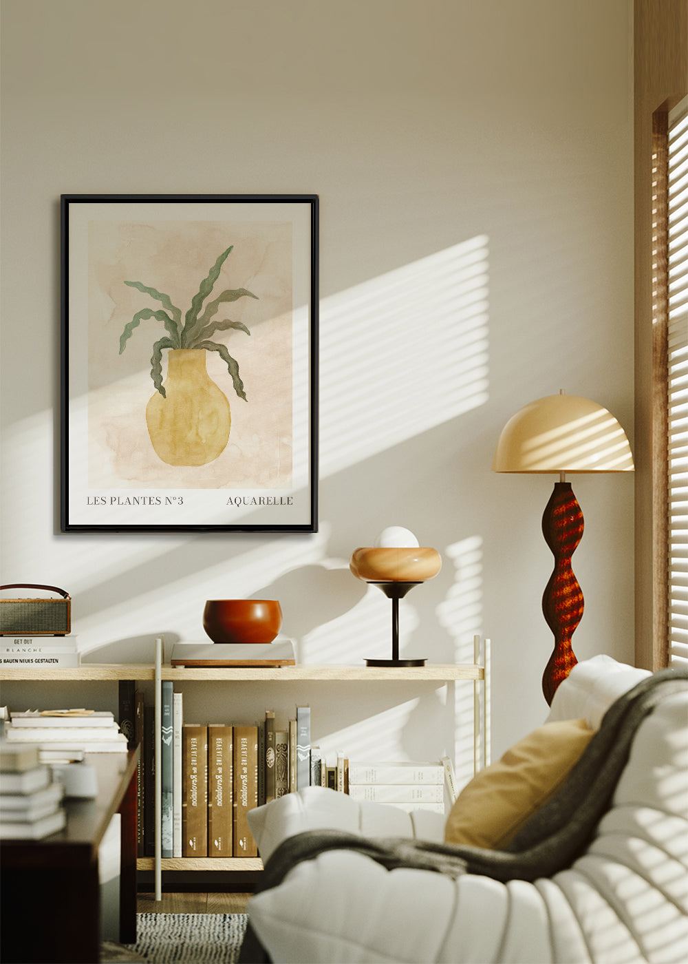 Plakat botaniczny: żółty wazon z falistymi liśćmi