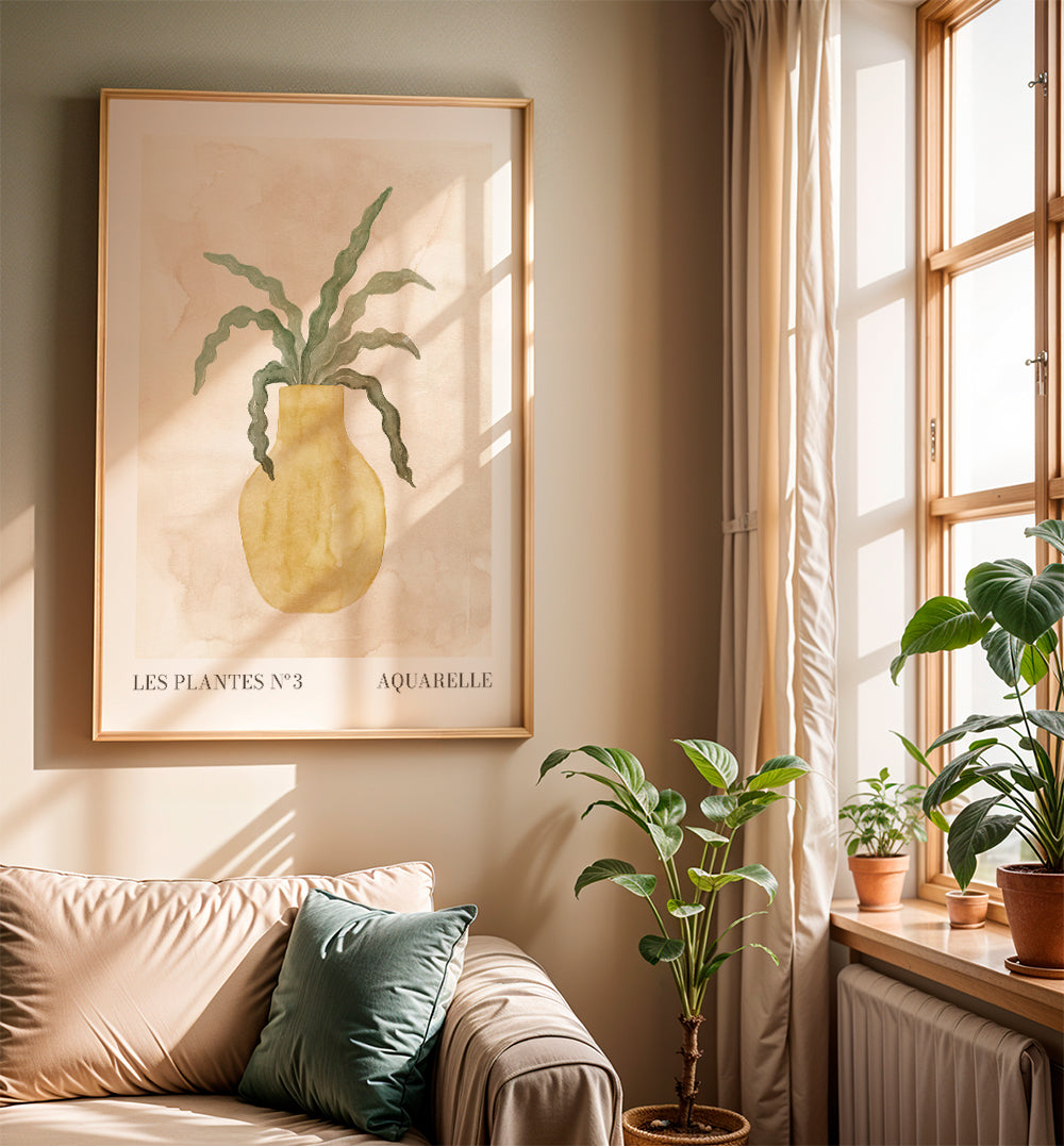 Plakat botaniczny: żółty wazon z falistymi liśćmi