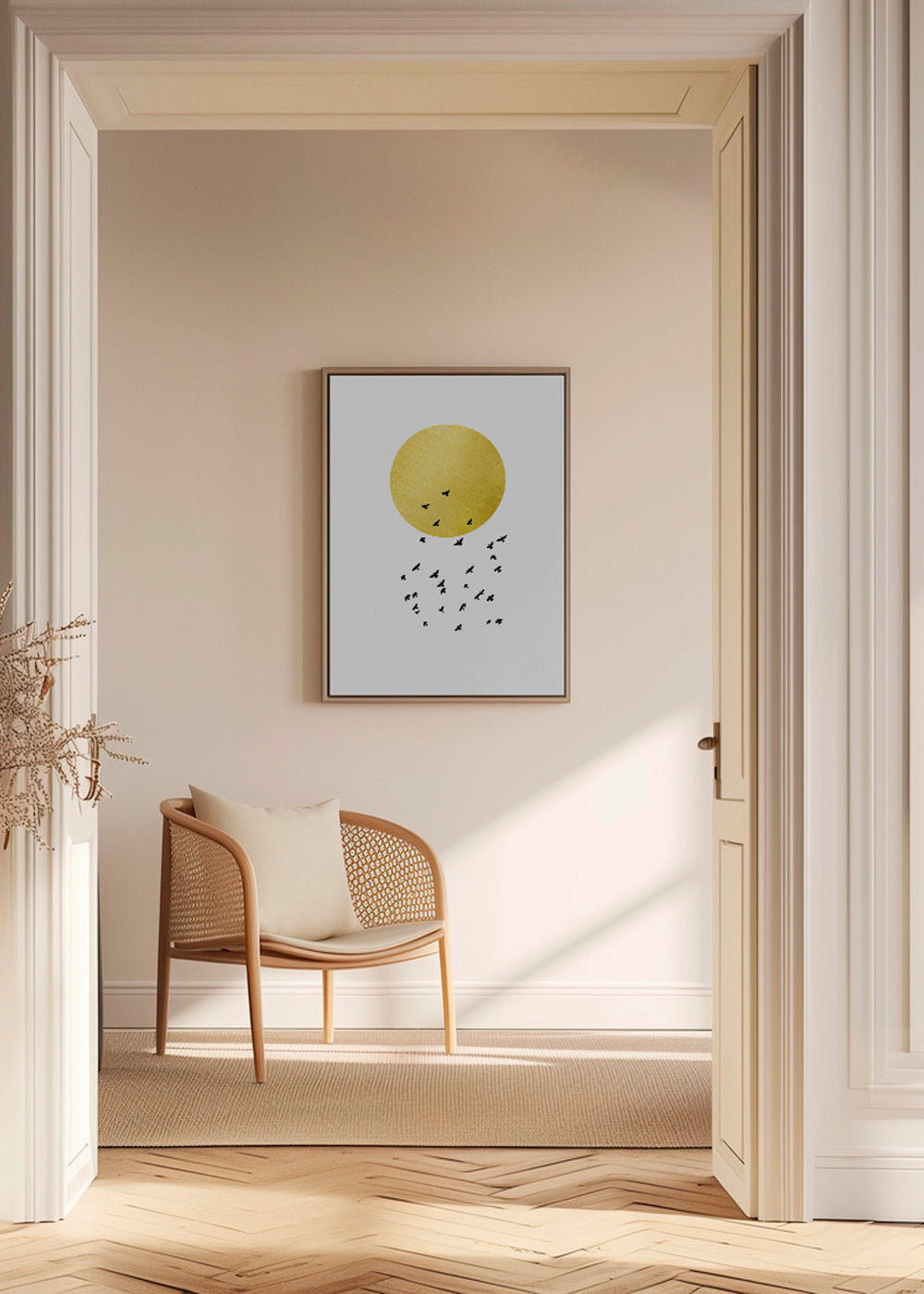 Minimalistyczny plakat złote słońce i stado
