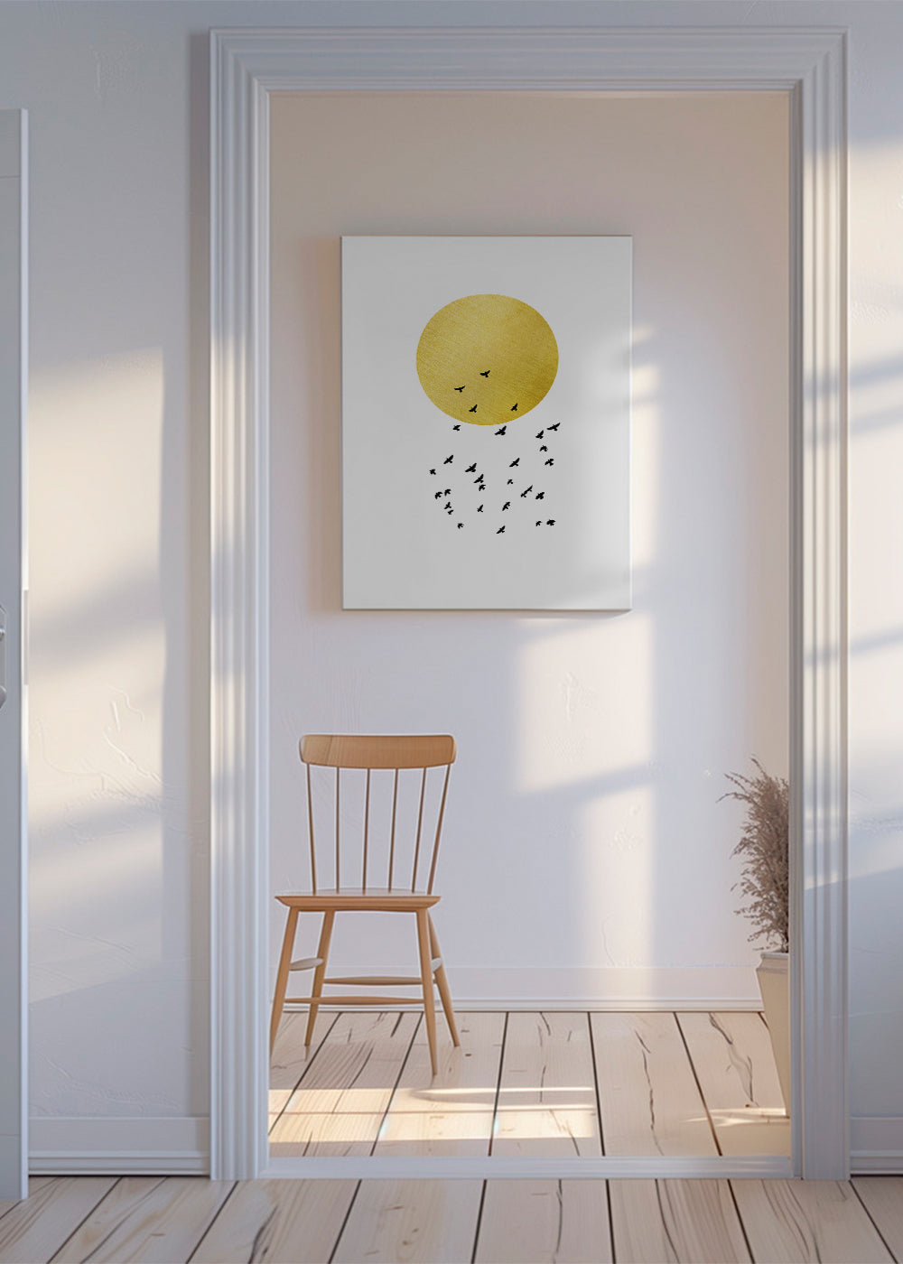 Minimalistyczny plakat złote słońce i stado