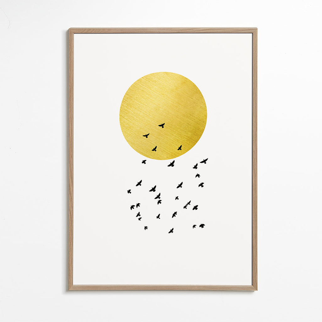 Minimalistyczny plakat złote słońce i stado