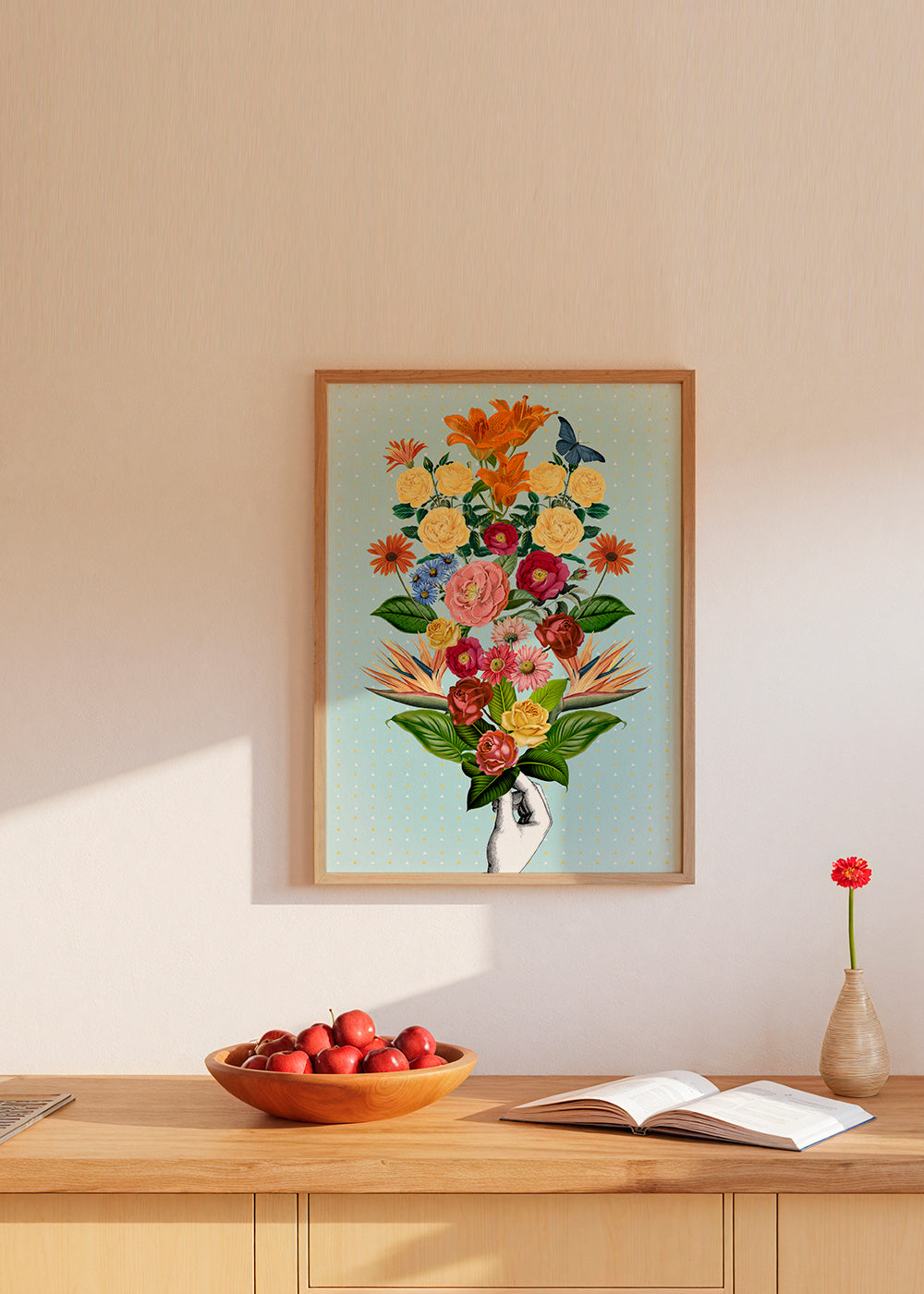 Plakat botaniczny kolorowy bukiet na niebieskim tle