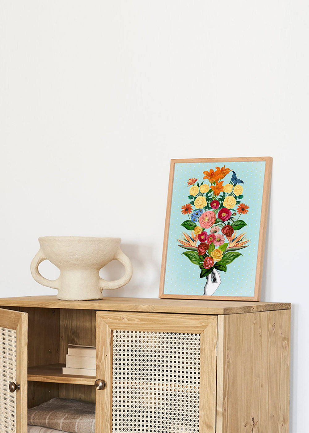 Plakat botaniczny kolorowy bukiet na niebieskim tle