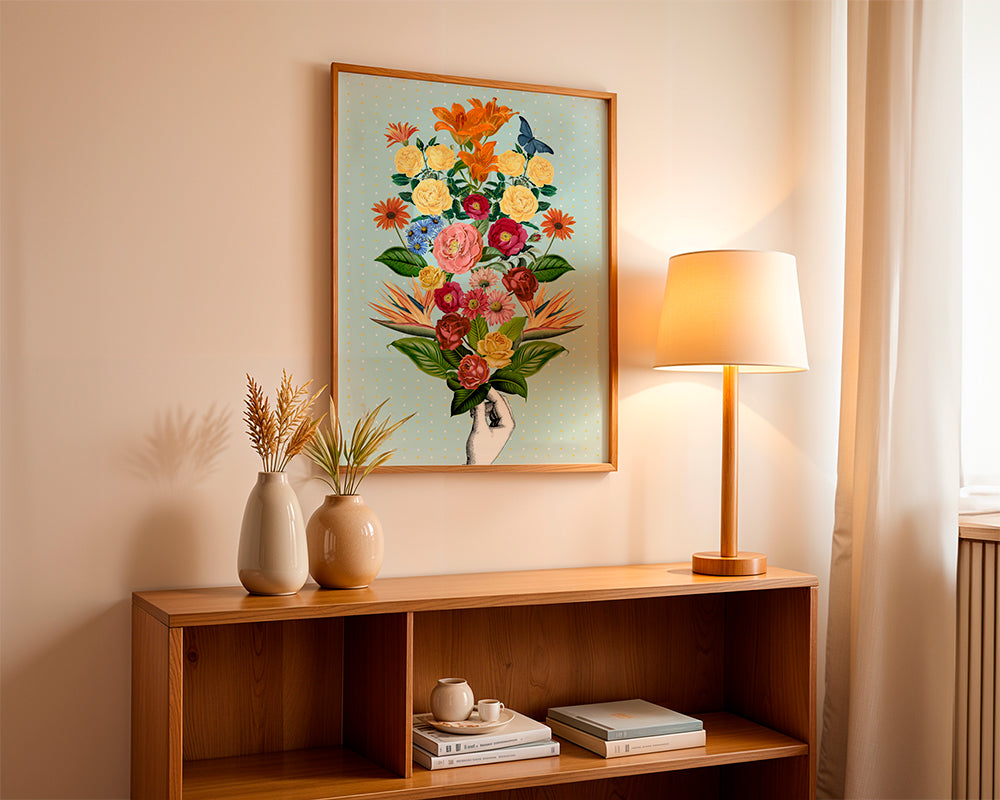 Plakat botaniczny kolorowy bukiet na niebieskim tle