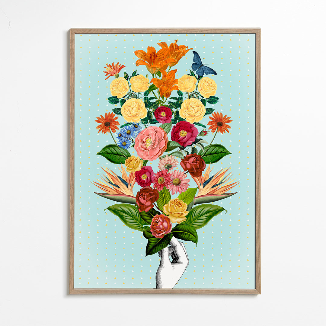 Plakat botaniczny kolorowy bukiet na niebieskim tle