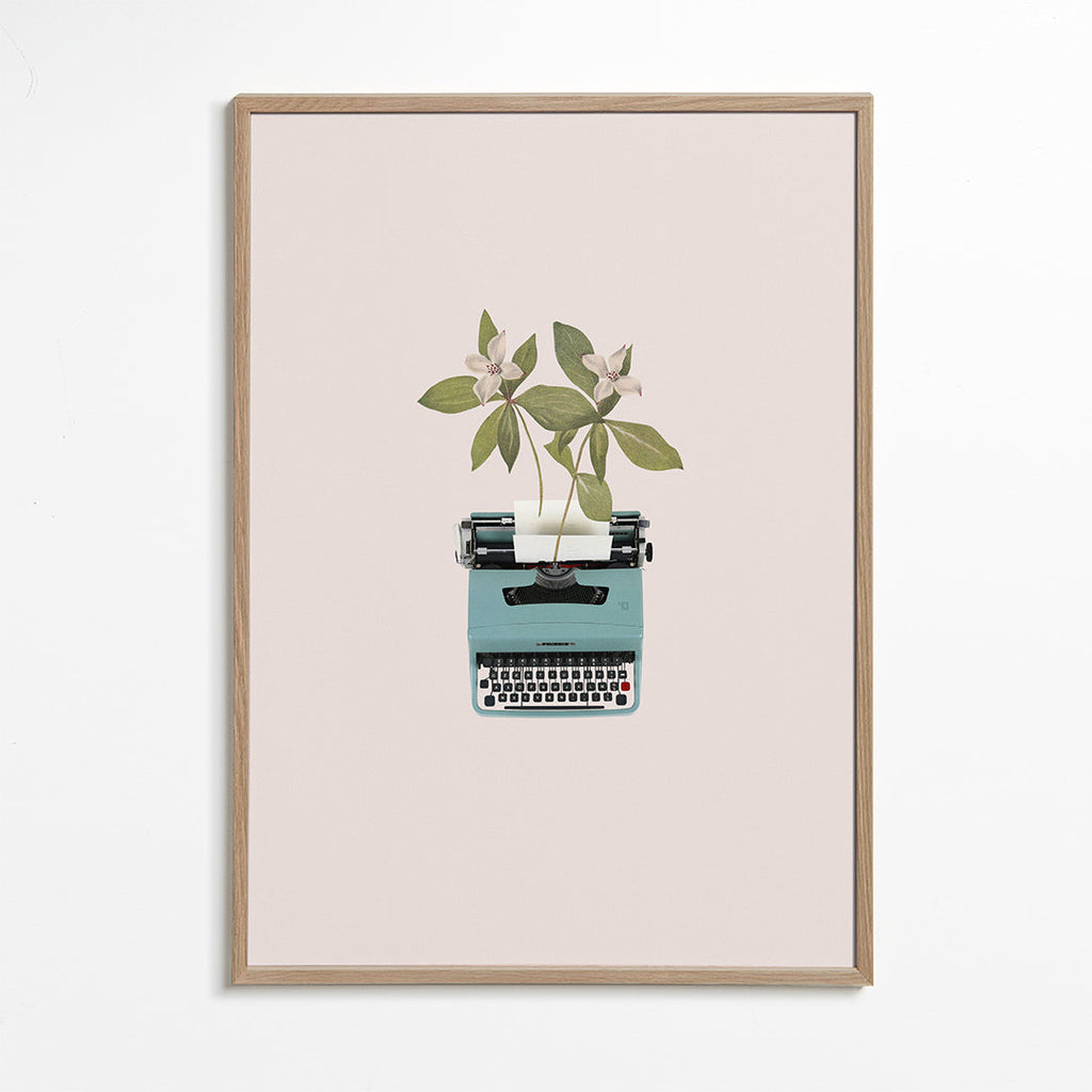 Plakat botaniczny: maszyna do pisania z liśćmi