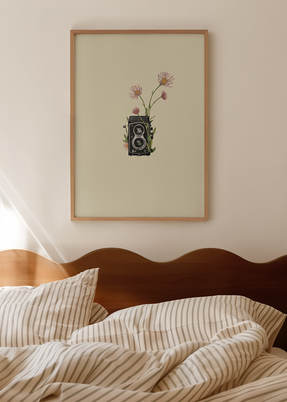 Plakat botaniczny ze starą aparaturą i stokrotkami