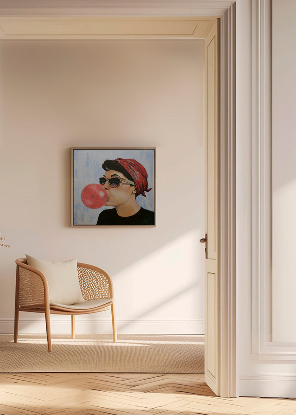 Plakat vintage kobieta w okularach z gumą