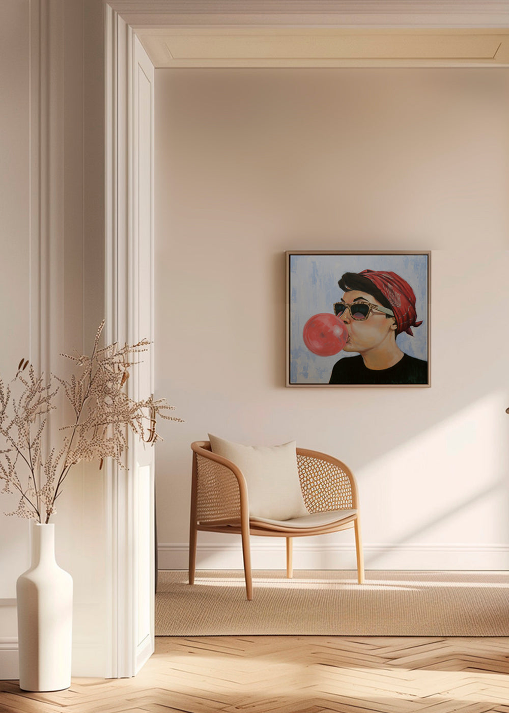 Plakat vintage kobieta w okularach z gumą