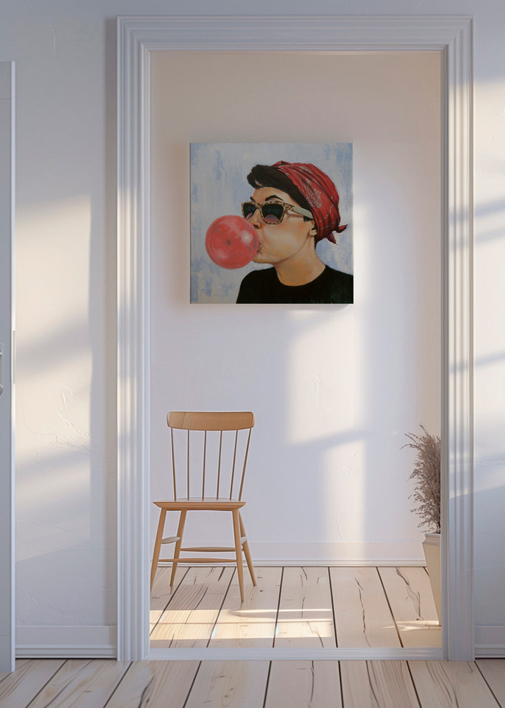 Plakat vintage kobieta w okularach z gumą