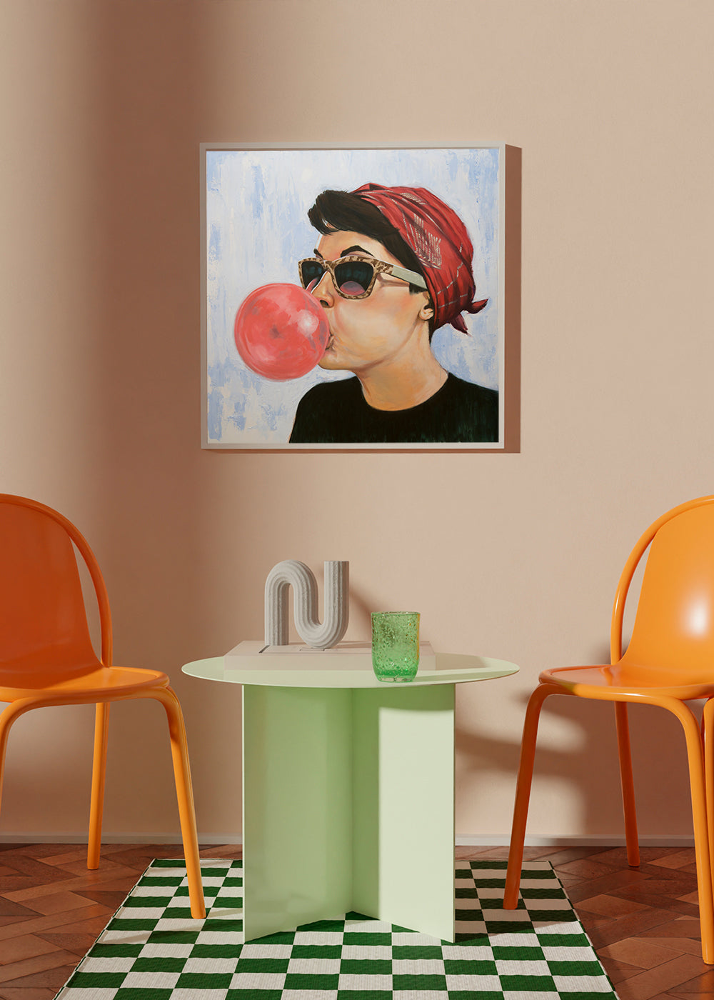 Plakat vintage kobieta w okularach z gumą