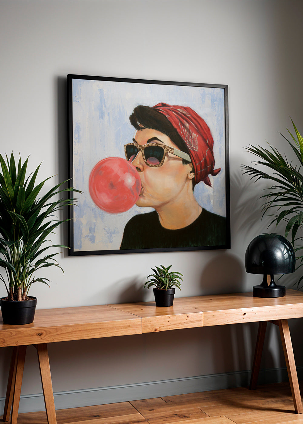 Plakat vintage kobieta w okularach z gumą