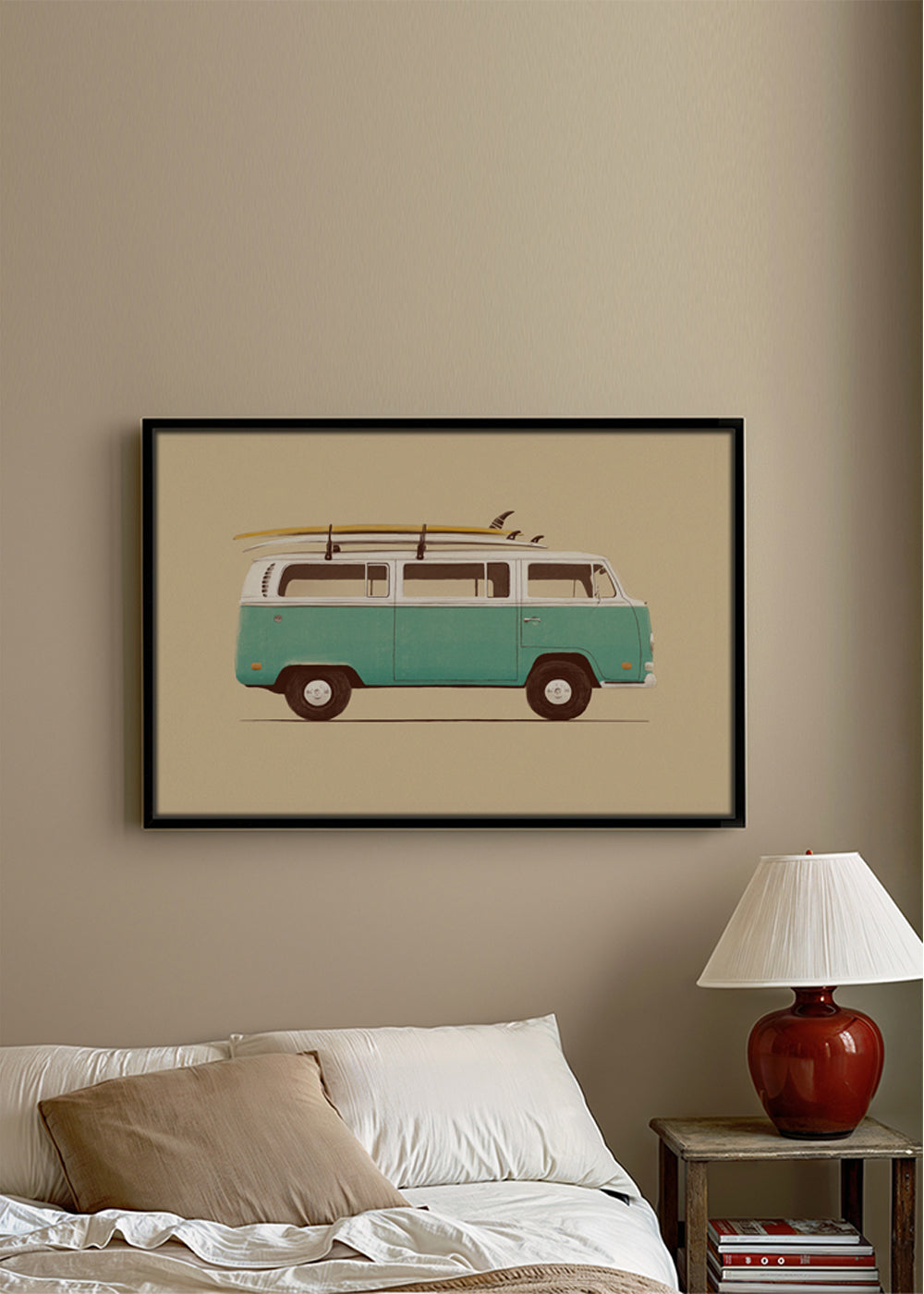 Vintage plakat turkusowa furgonetka z deskami