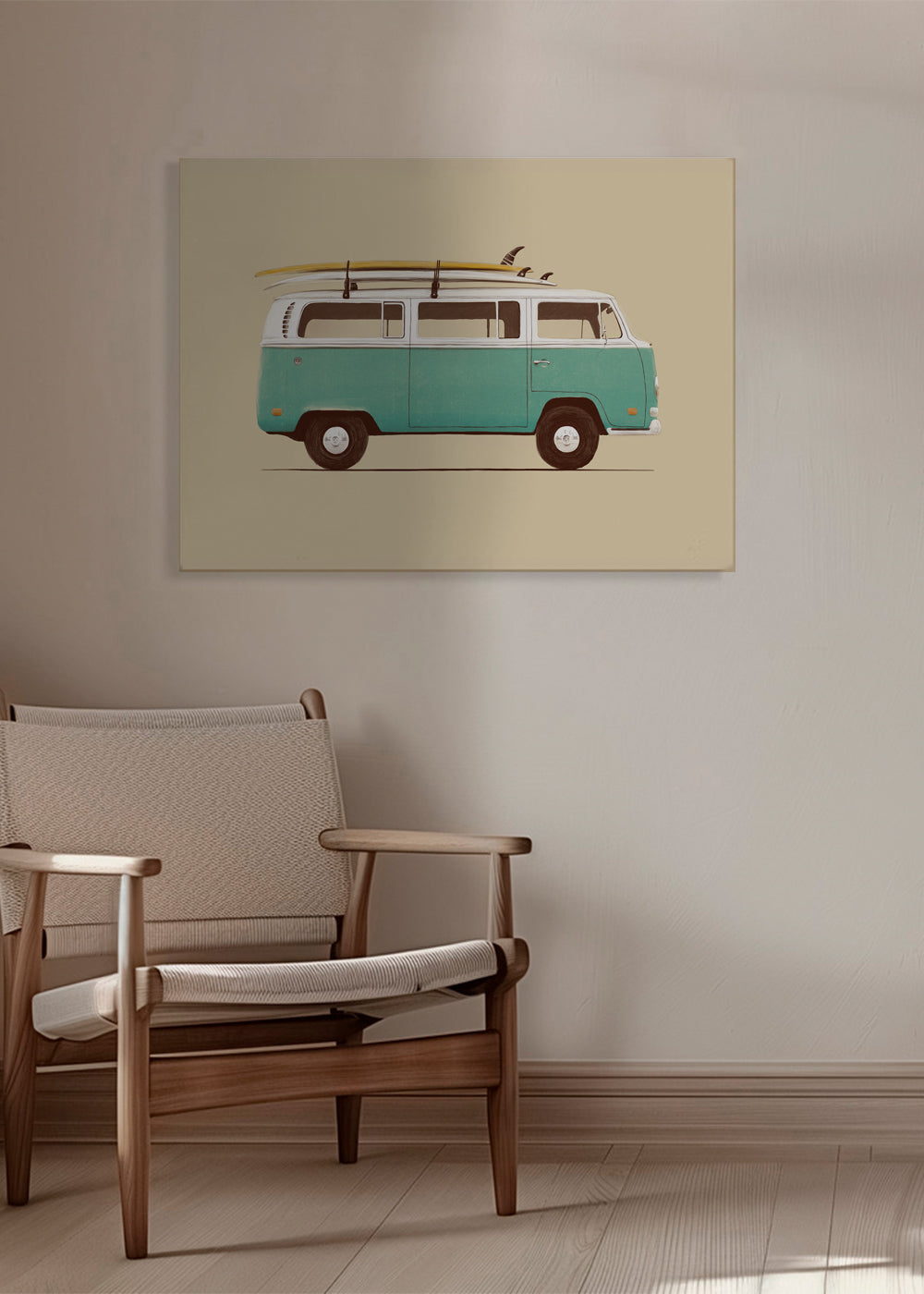 Vintage plakat turkusowa furgonetka z deskami