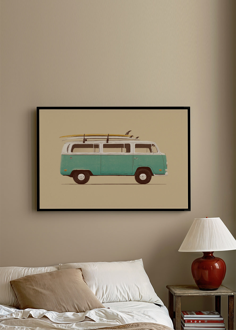 Vintage plakat turkusowa furgonetka z deskami