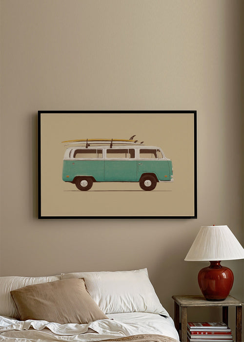 Vintage plakat turkusowa furgonetka z deskami