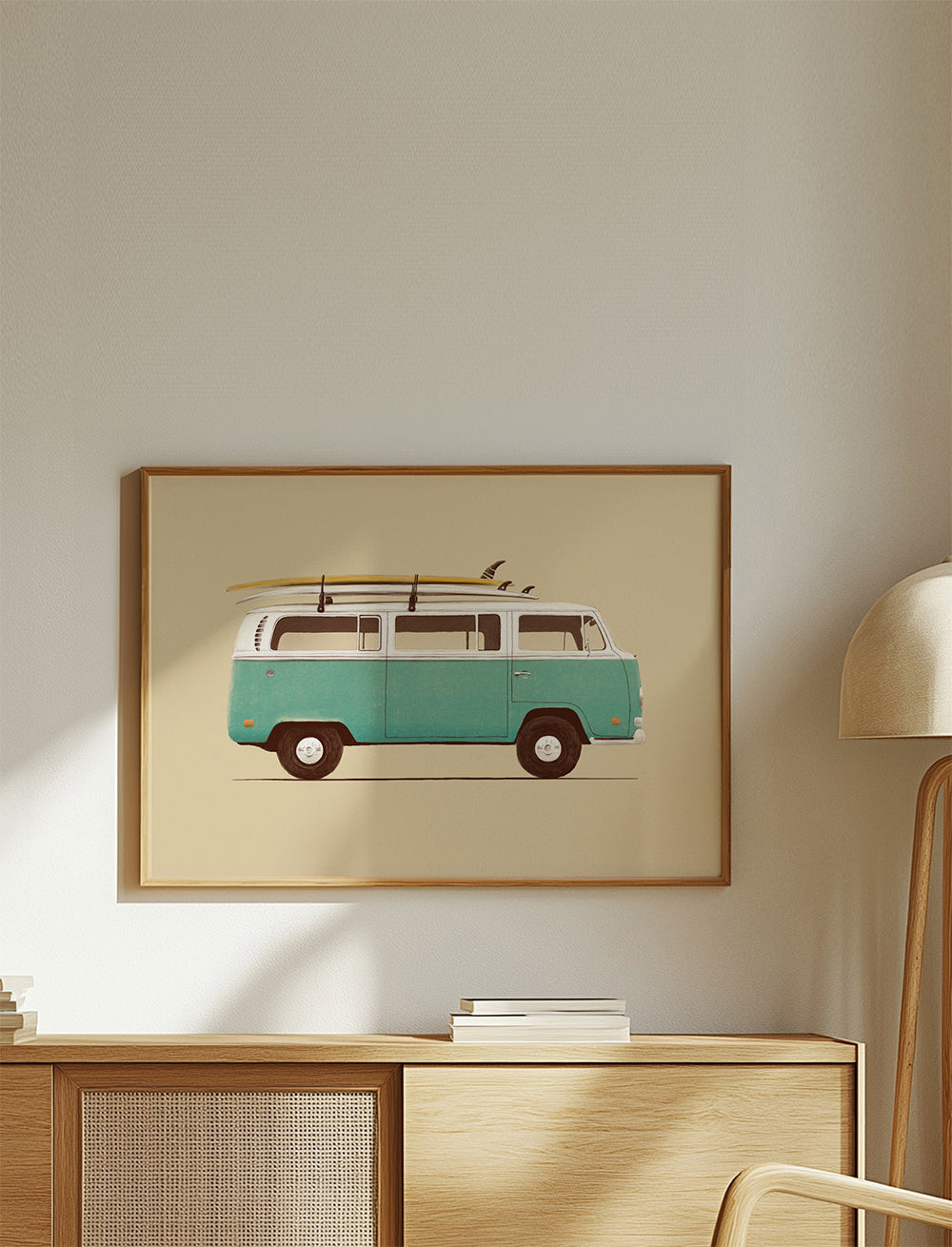 Vintage plakat turkusowa furgonetka z deskami