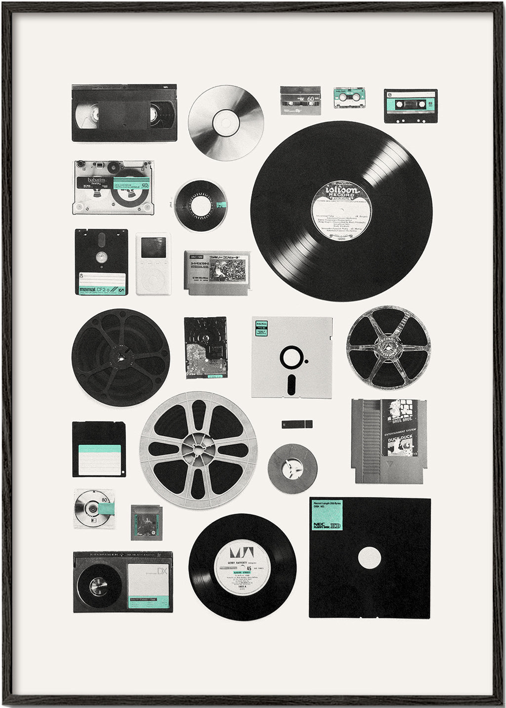 Plakat vintage z nośnikami muzycznymi w kolażu