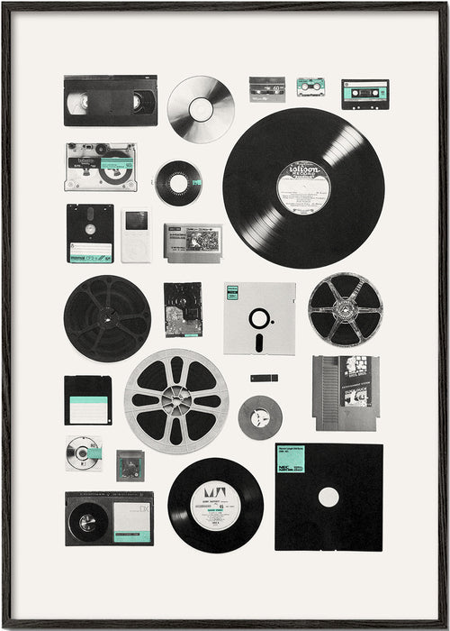 Plakat vintage z nośnikami muzycznymi w kolażu