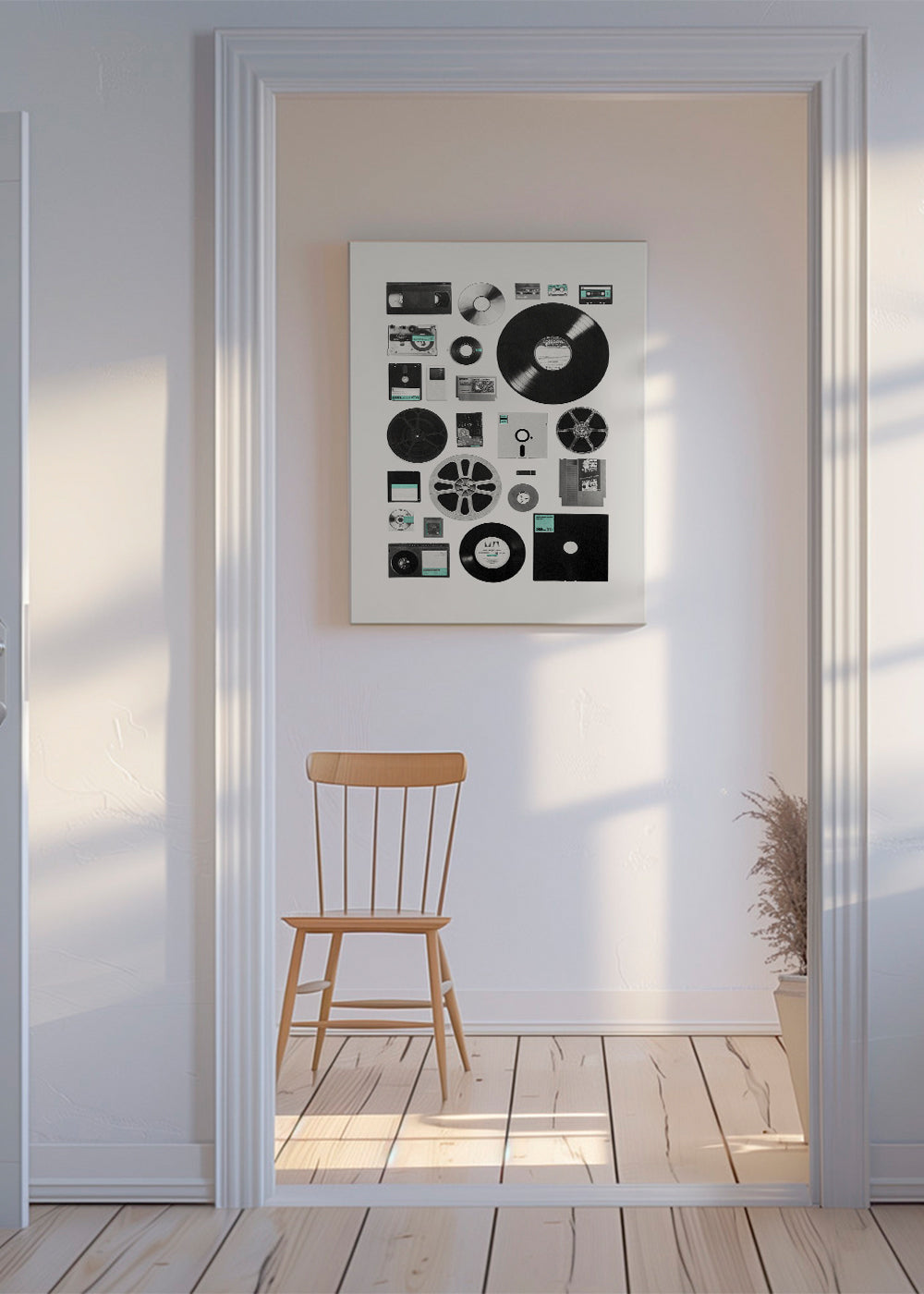 Plakat vintage z nośnikami muzycznymi w kolażu