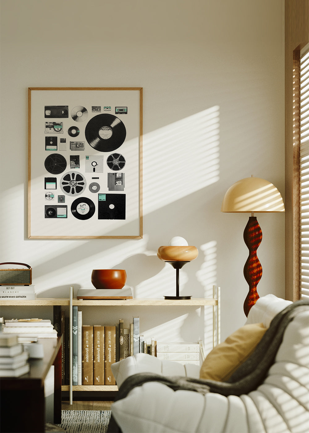 Plakat vintage z nośnikami muzycznymi w kolażu