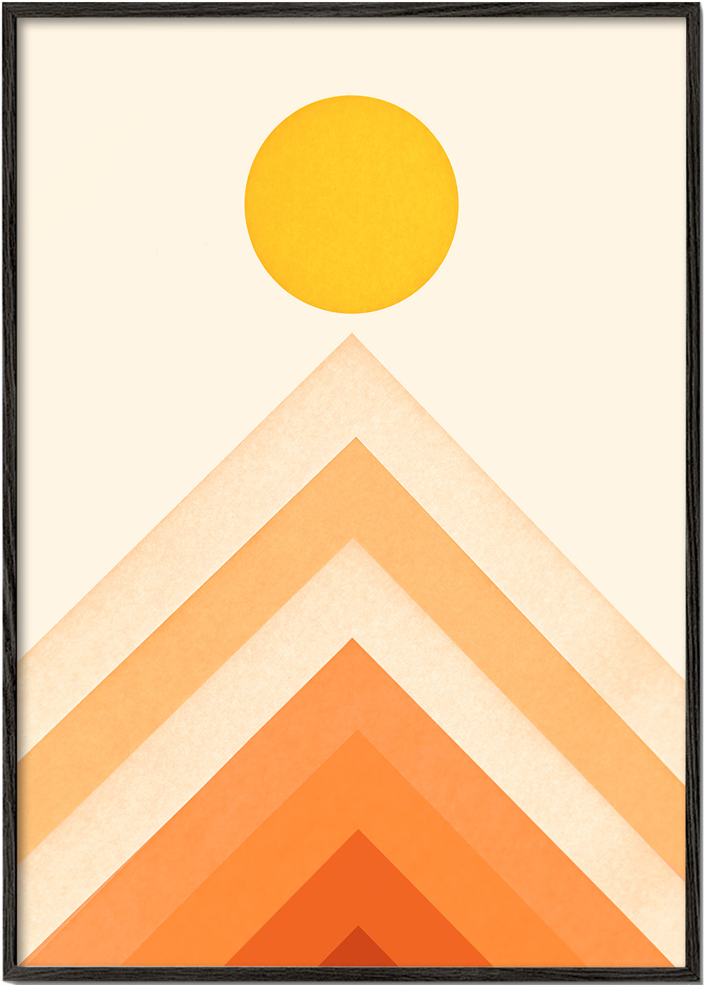 Plakat geometryczny z słońcem i minimalistycznymi szczytami