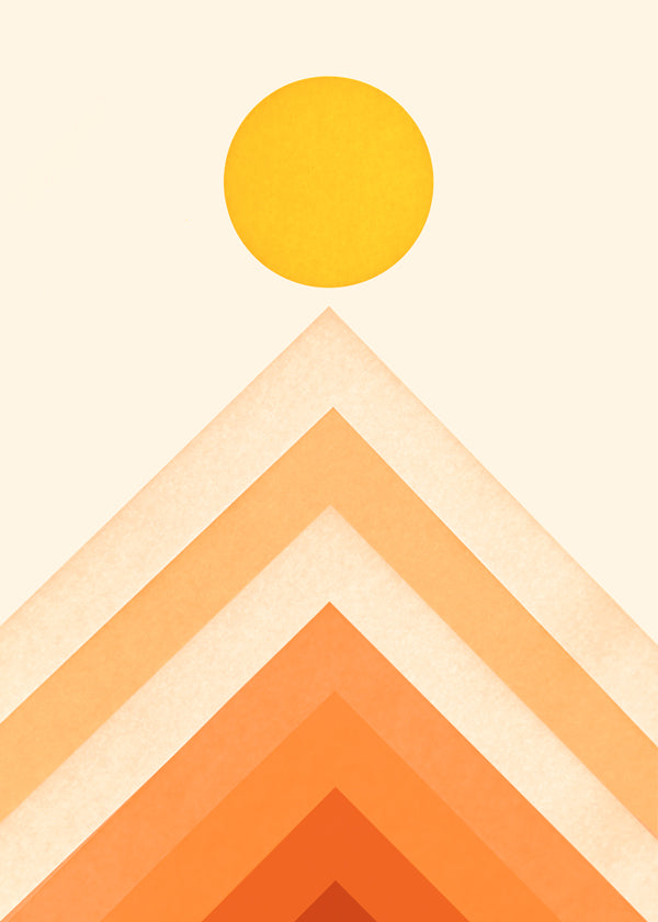 Plakat geometryczny z słońcem i minimalistycznymi szczytami
