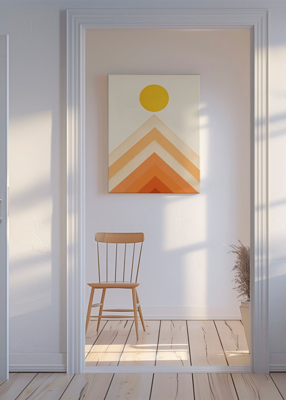 Plakat geometryczny z słońcem i minimalistycznymi szczytami