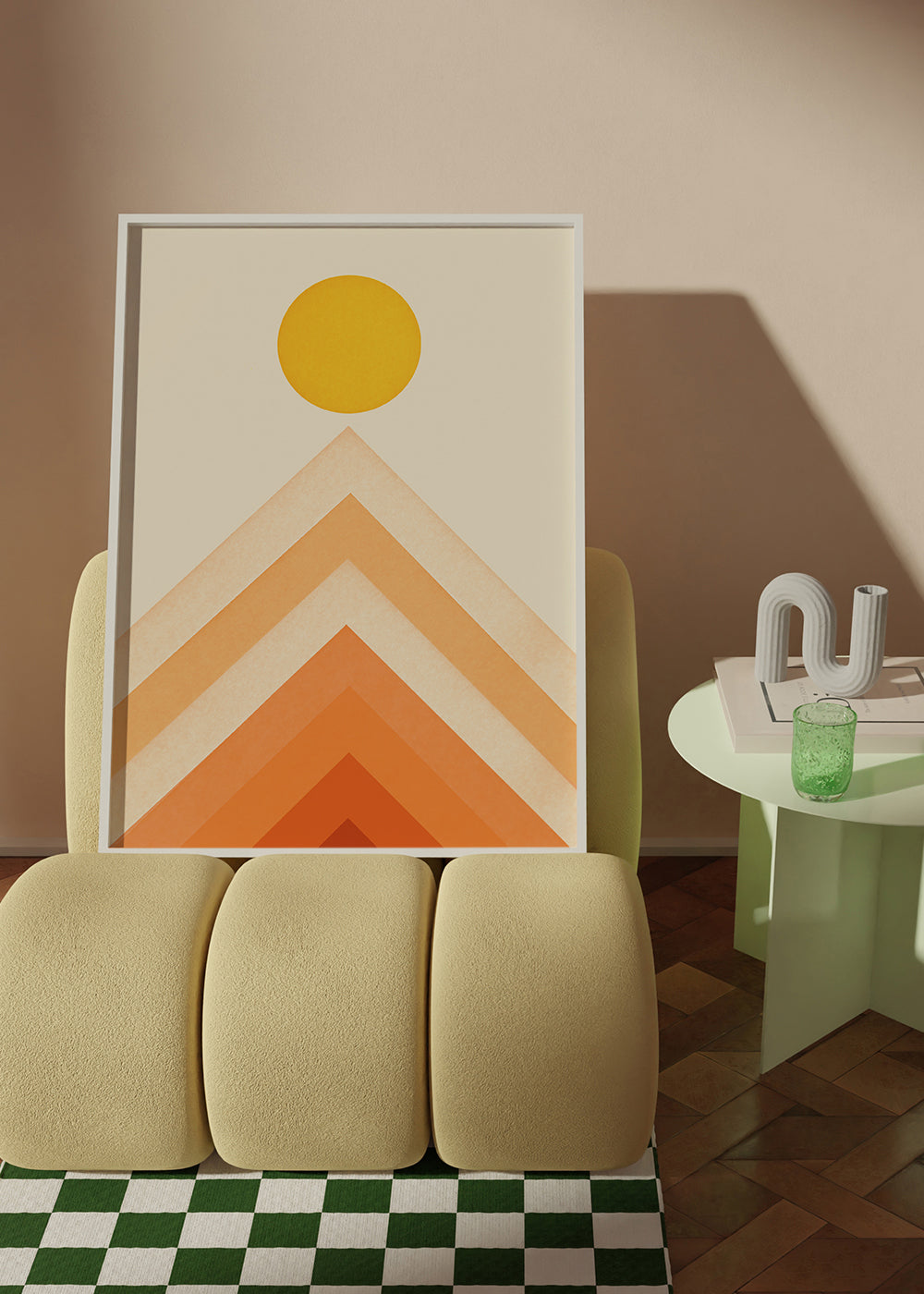 Plakat geometryczny z słońcem i minimalistycznymi szczytami