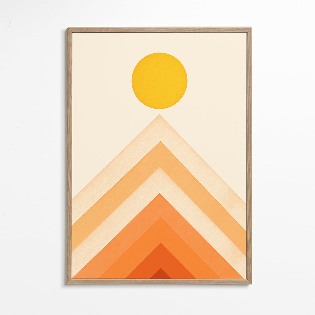 Plakat geometryczny z słońcem i minimalistycznymi szczytami