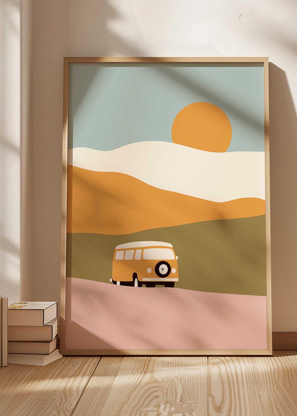 Minimalistyczny plakat z busem i słońcem
