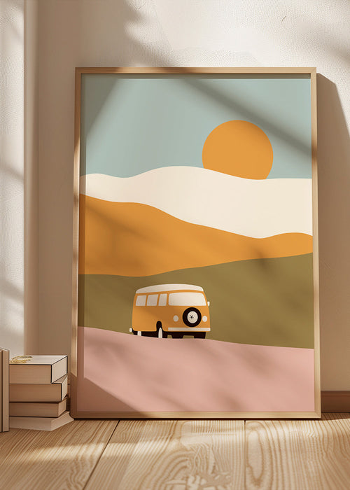 Minimalistyczny plakat z busem i słońcem